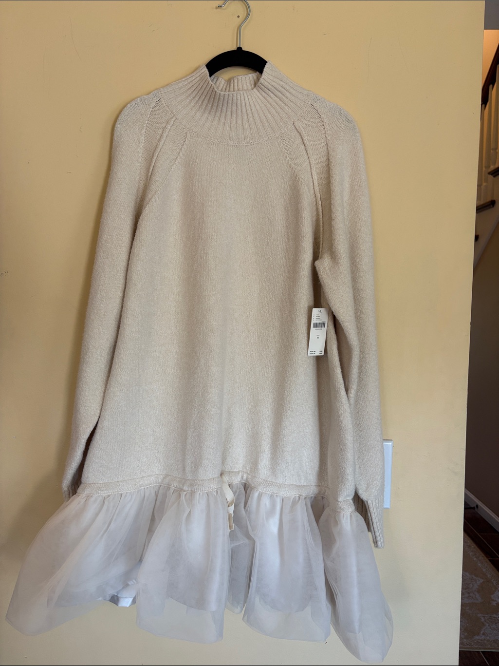 Anthropologie Cream Knit Sweater Dress With Sheer Ruffle Hem